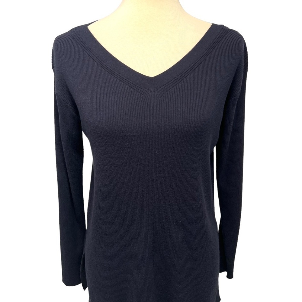 Lafayette 148 Black Ribbed V Neck Pullover Top Ladies Medium - Picture 2 of 10